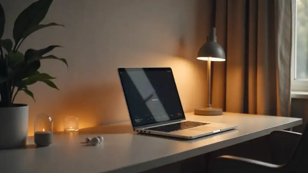 Smart home setup with Matter thermostat, smart lights, AI earbuds, and modular laptop on desk