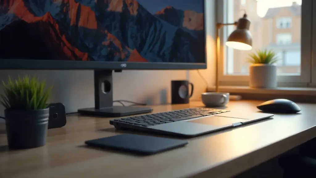 Modern 2025 tech setup with premium gadgets on a minimal desk