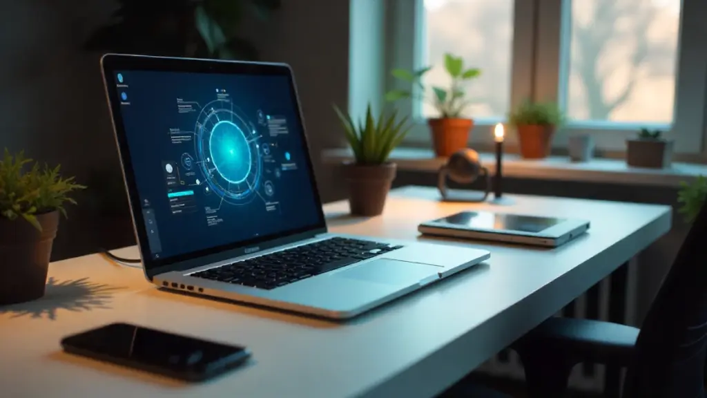 Modern 2025 tech workspace with smart devices and wearables