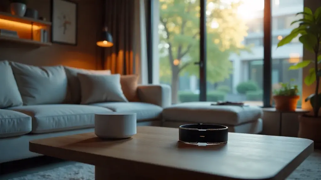 Smart home and wearable tech devices in a modern 2025 living room.