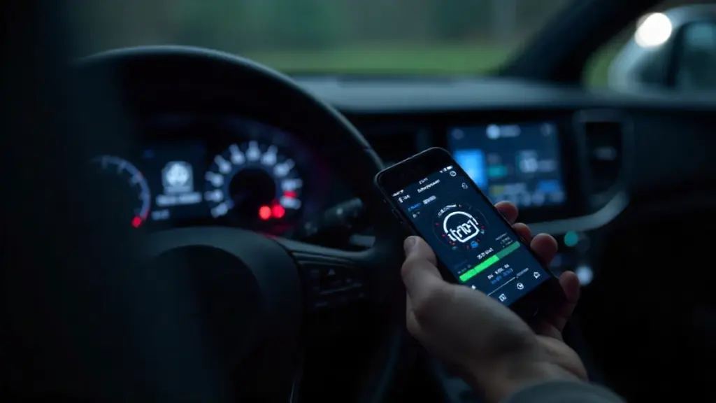 Modern OBD-II scanner connected to a car for diagnostics