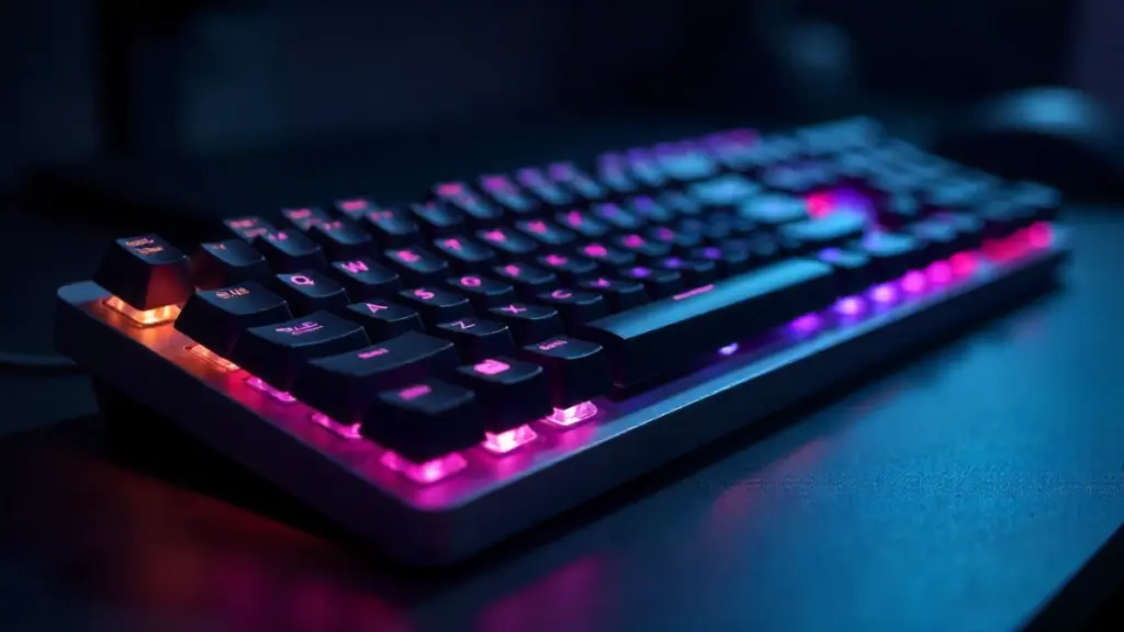Mechanical and gaming keyboard with RGB lighting on a desk