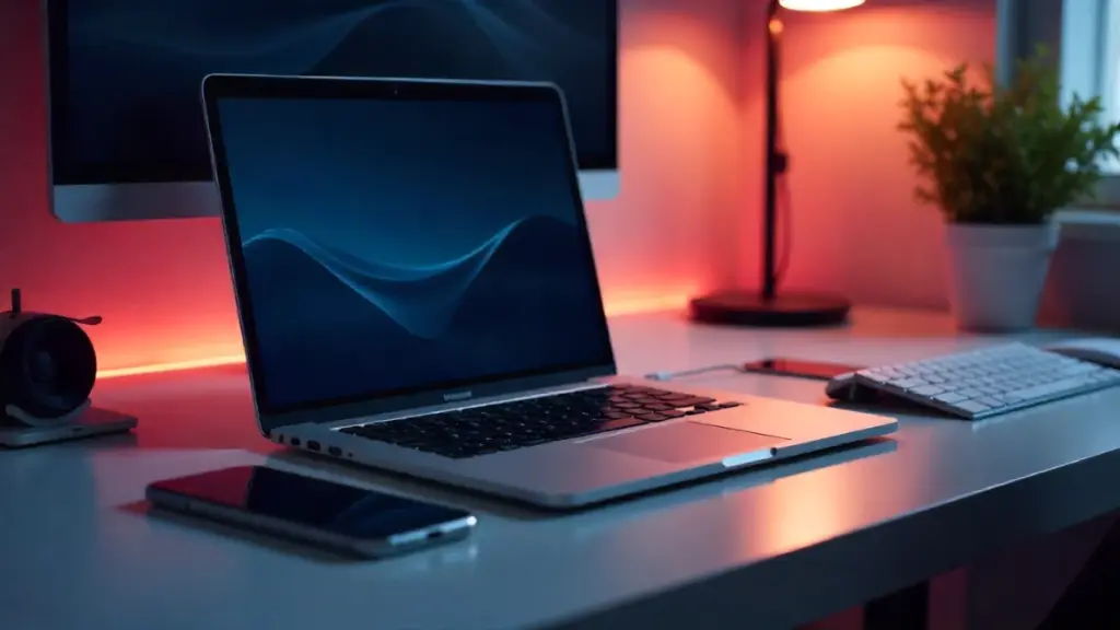 Modern 2025 tech gadget setup with smart home devices, wearables, laptop, and smartphone.