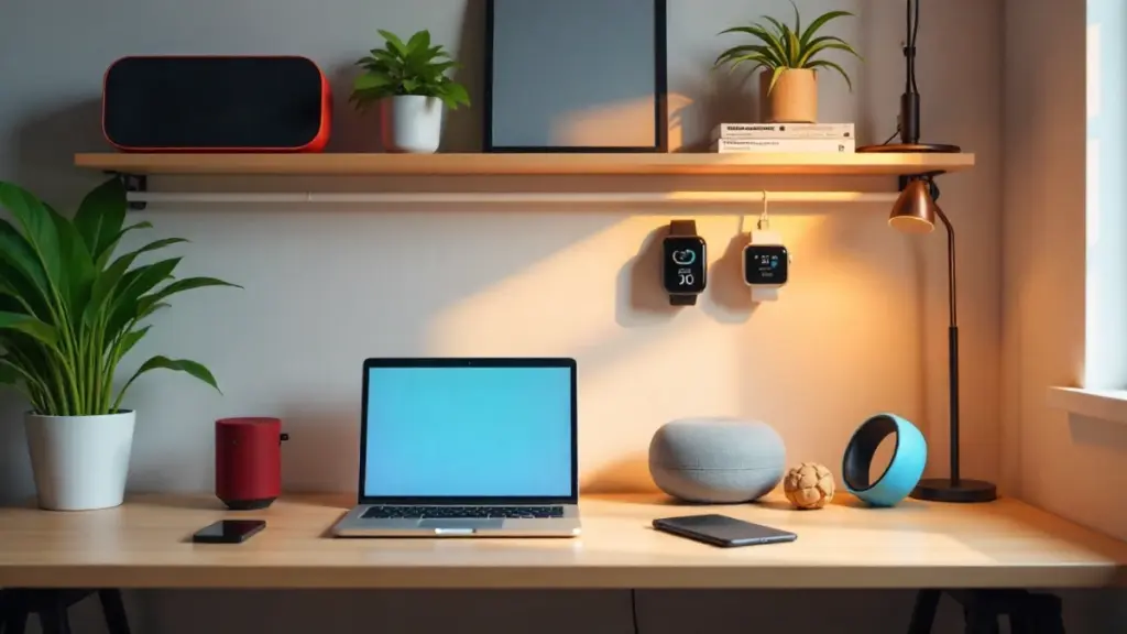 Tech gadgets and smart home devices on a modern workspace