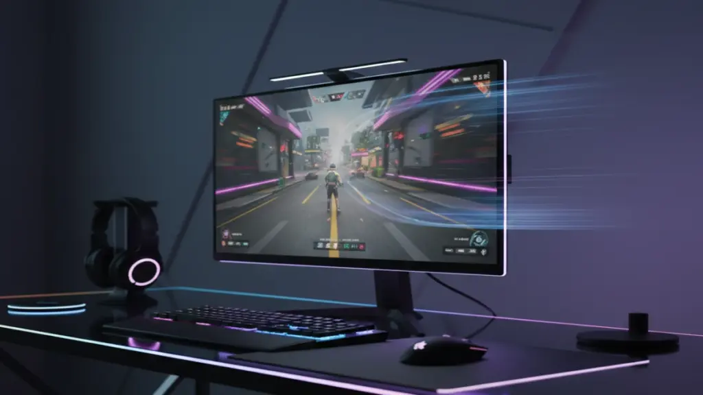 High-refresh rate gaming monitor on a modern RGB desk setup
