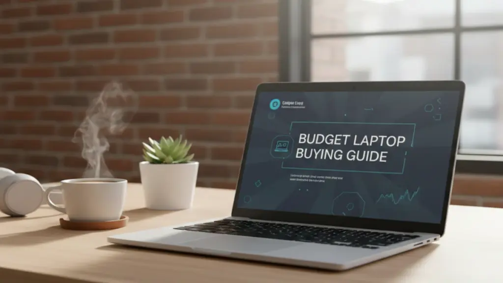 Budget laptop on desk in a modern workspace in 2025