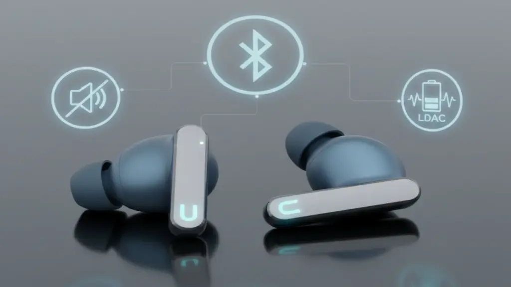 Premium wireless earbuds on a modern reflective surface with tech icons