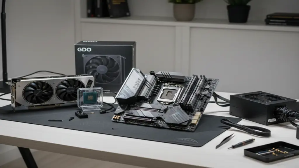 Custom PC components on a desk during a PC build in 2025