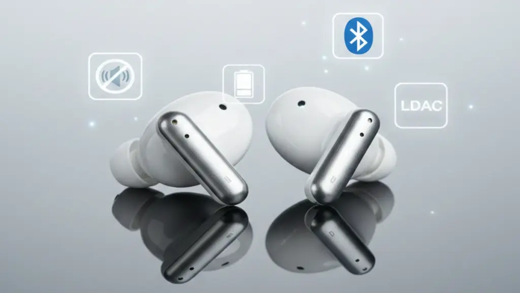 Ultimate wireless earbuds buying guide 2025 with premium earbuds on a modern tech background