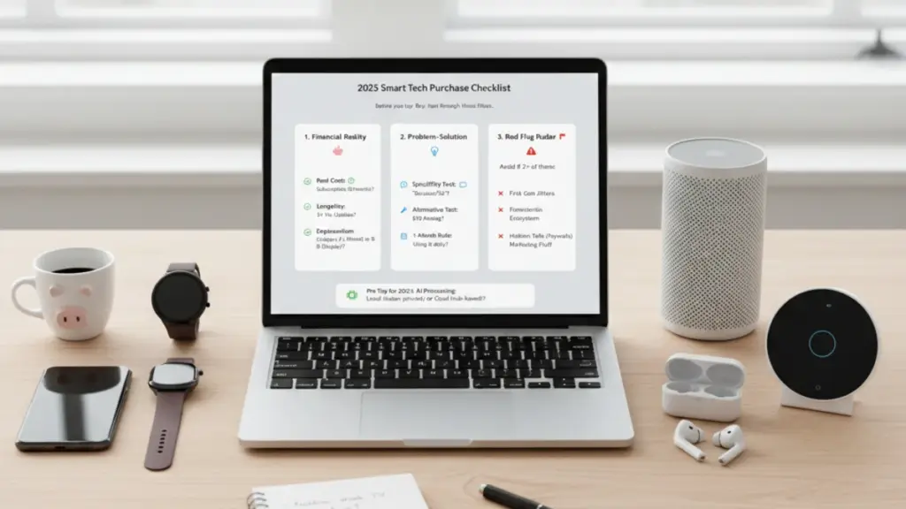 Smart gadgets on a desk representing informed tech buying decisions