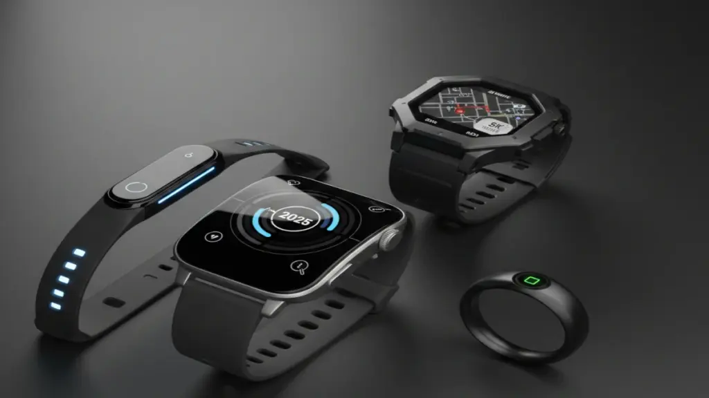 The Ultimate Guide to Wearable Tech for Fitness: What Actually Works in 2025 Modern wearable fitness devices including smartwatch, fitness band, smart ring, and GPS running watch on a dark background.