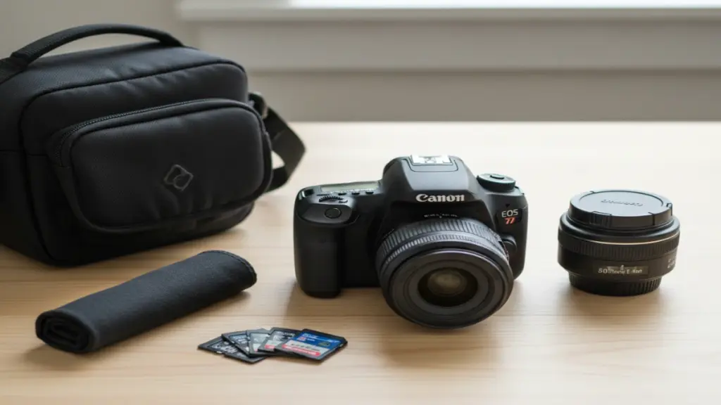 DSLR camera with lenses and accessories on a desk