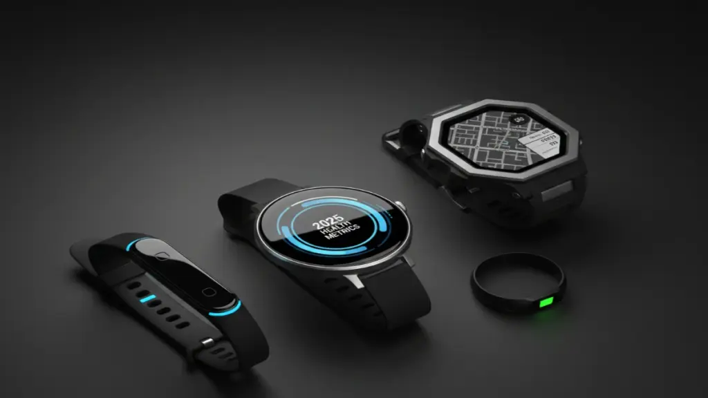 Modern wearable fitness devices including smartwatch, fitness band, smart ring, and GPS sports watch arranged on a dark surface.