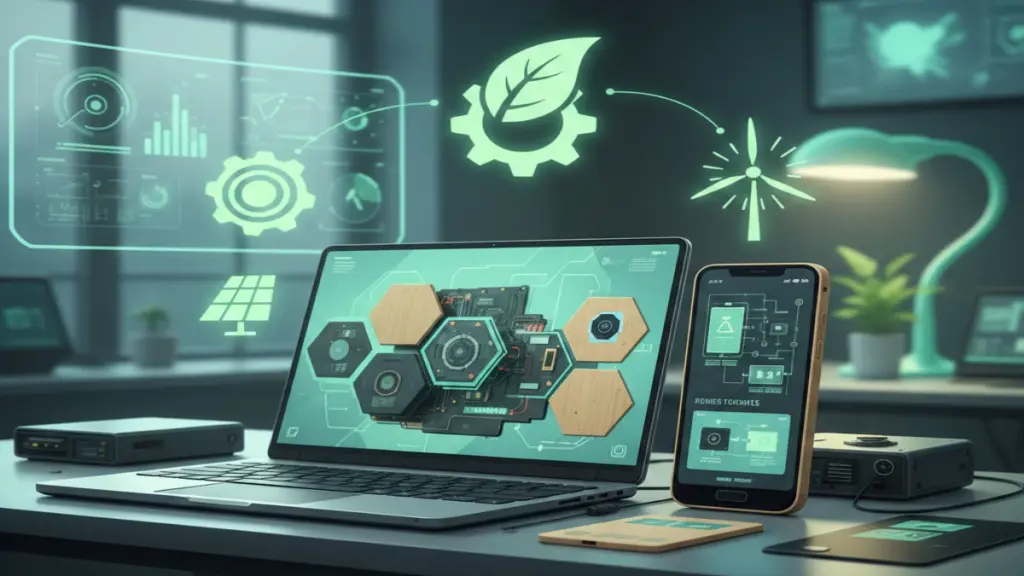 The Smart Buyer’s Guide to Sustainable Tech: What Actually Matters in 2025 Sustainable tech devices including modular laptops and repairable smartphones on a modern desk.