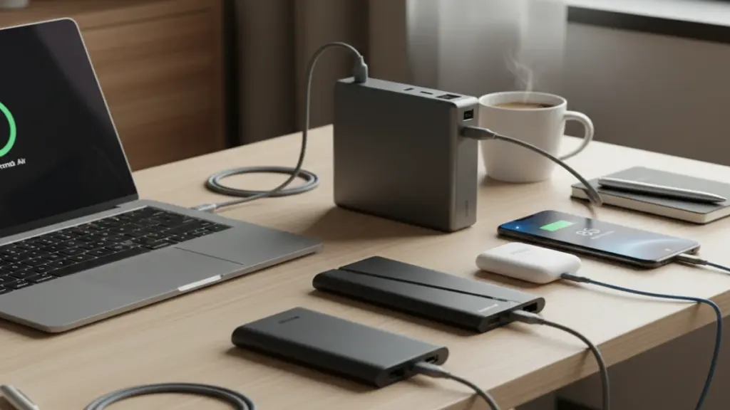 Portable power banks charging smartphone and laptop during travel