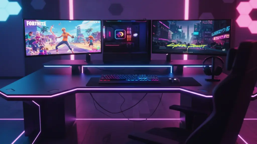 High-end gaming PC with Ryzen and Intel CPUs, dual monitors, RGB lighting