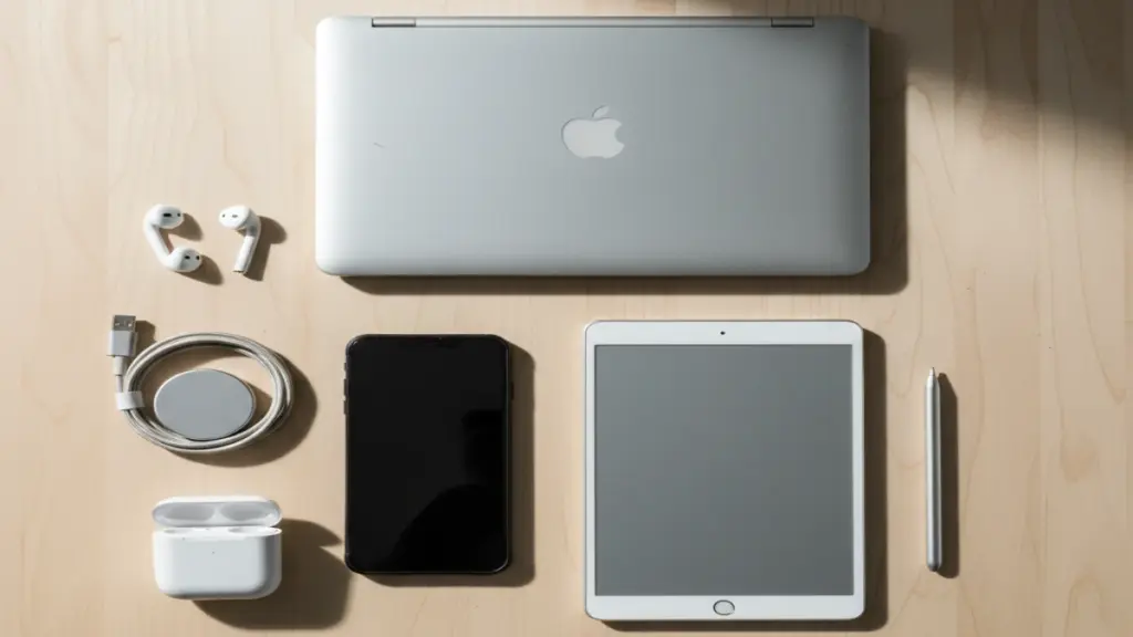 Flat-lay of used tech devices including a laptop, tablet, and smartphone on a desk for a buyer’s guide.
