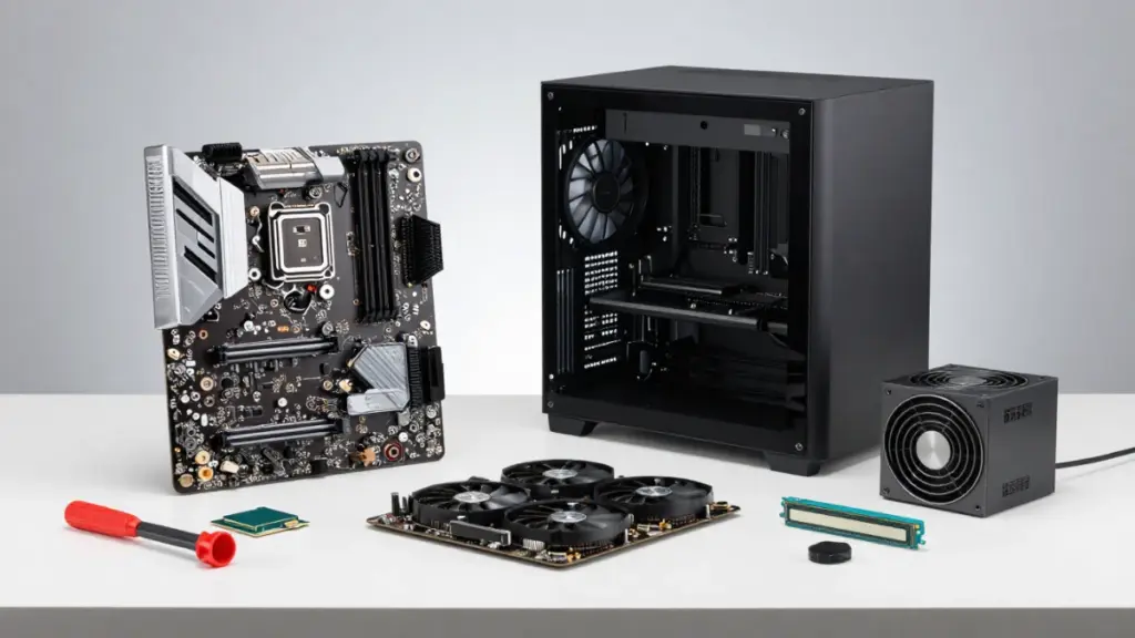Modern PC components arranged for a custom PC build on a desk