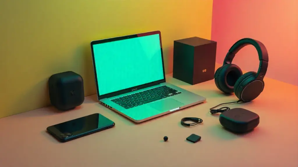 Eco-friendly sustainable tech devices including modular laptops, repairable smartphones, and green technology accessories.