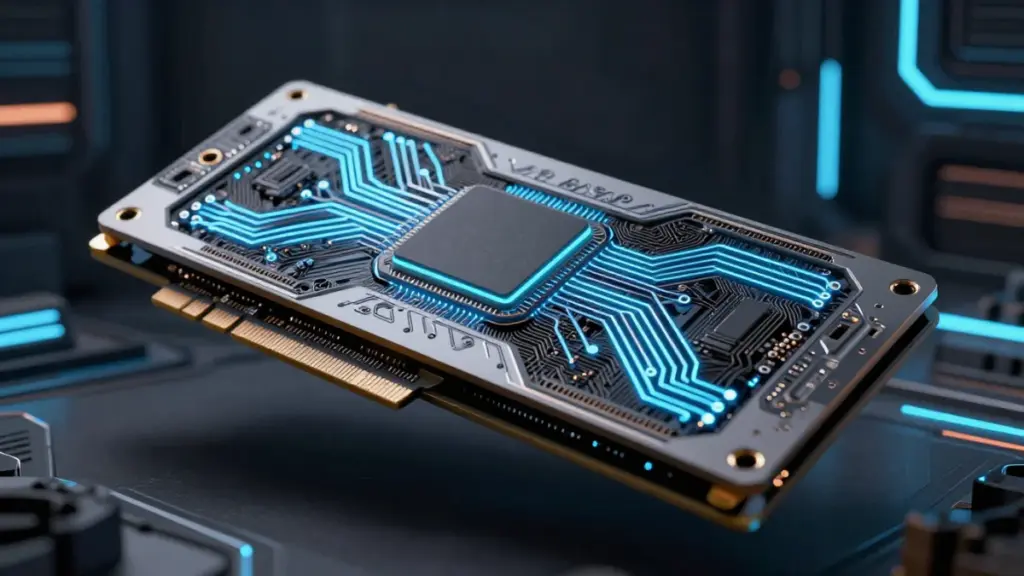 Modern graphics card with illuminated circuits on a dark futuristic background