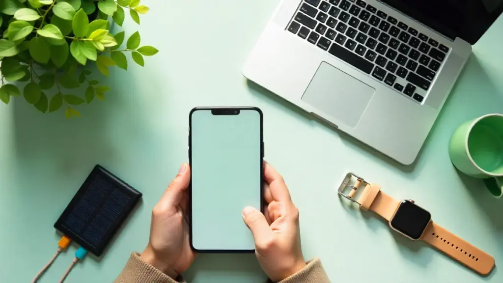 Sustainable tech gadgets including smartphone, laptop, smartwatch, and solar charger