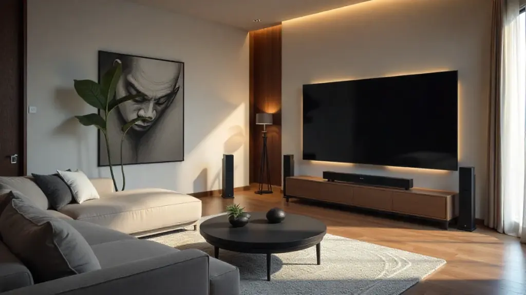 Comparison of a soundbar and a full home theater system in a modern living room