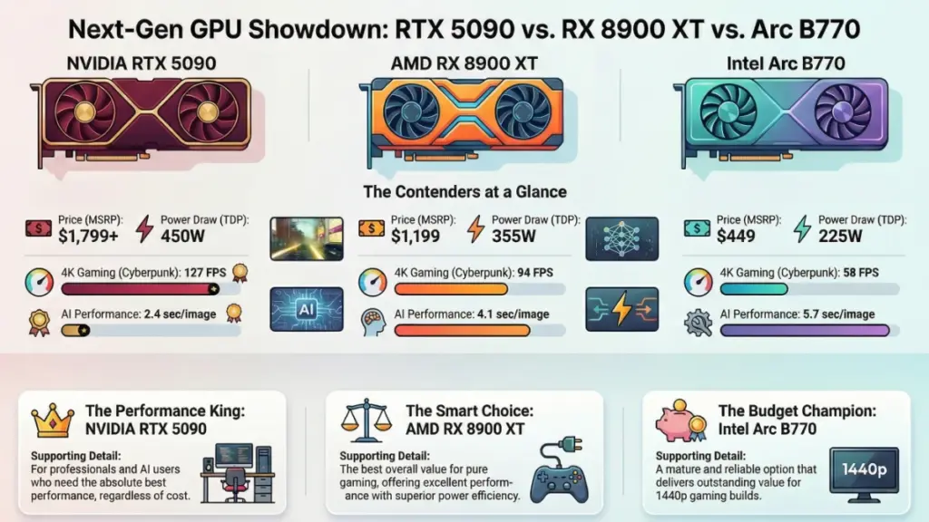 RTX 5090 vs RX 8900 XT vs Intel Arc B770 comparison