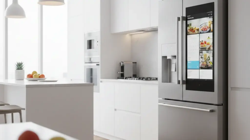 Smart refrigerator with touchscreen display in a modern kitchen