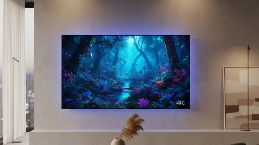 Modern living room with a large smart TV showing 4K content