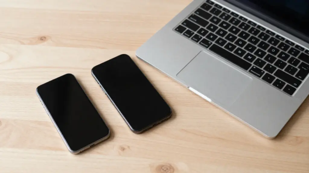 A laptop, smartphone, and tablet arranged on a desk representing device specifications and hardware.