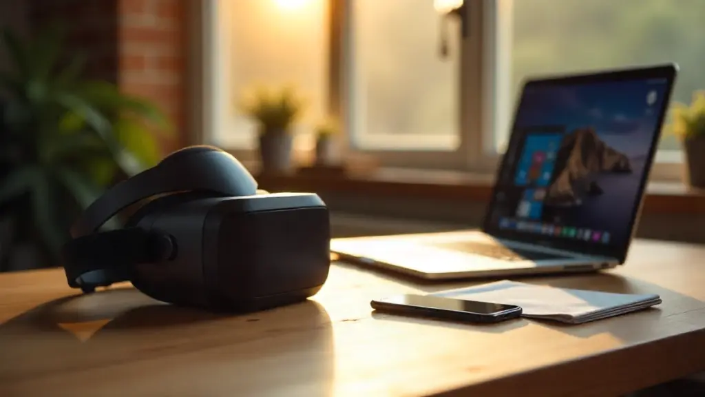 A collection of flagship tech devices including a laptop, smartphone, and VR headset on a desk in morning light.