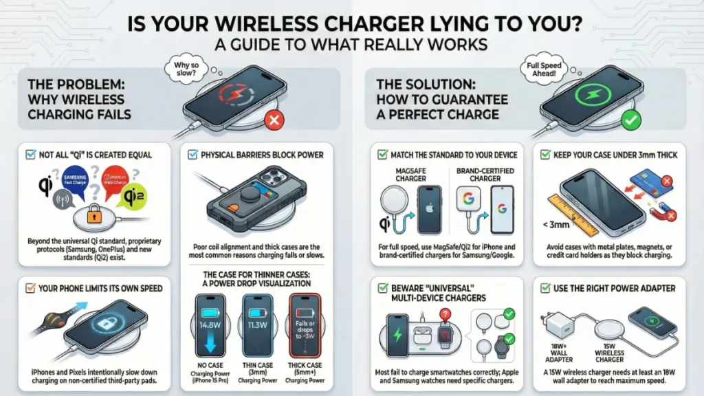 Hands testing a wireless charging station's power output with a USB power meter.