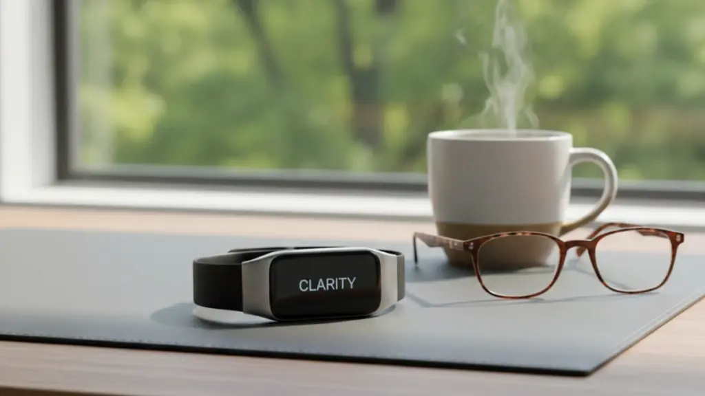 A modern smartwatch and smart ring on a wooden desk in a bright office.