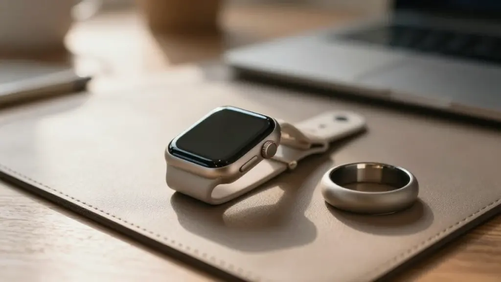 Close-up of a fitness tracker on a runner's wrist during a sunset workout.