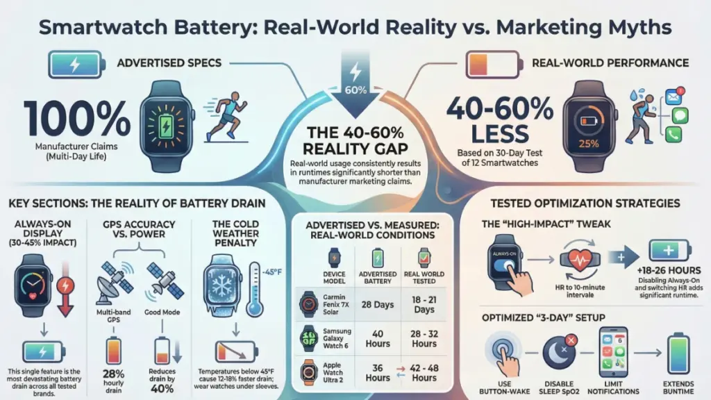 Smartwatch battery drain comparison during GPS workouts