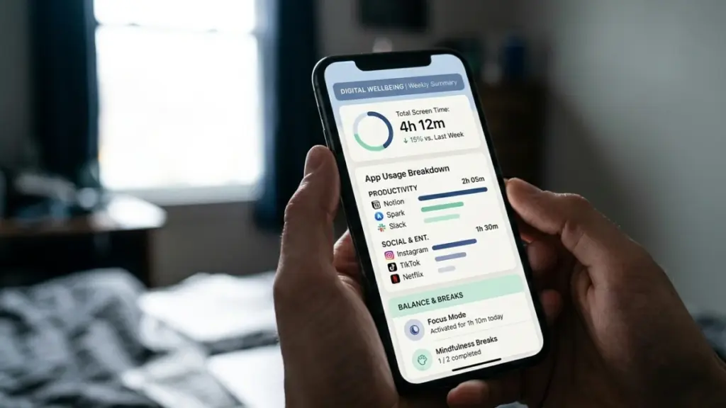 Smartphone displaying digital wellness and screen time tracking app