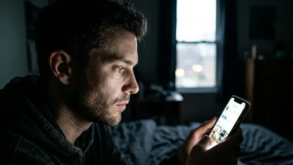 Person illuminated by smartphone in dark room symbolizing digital dependence