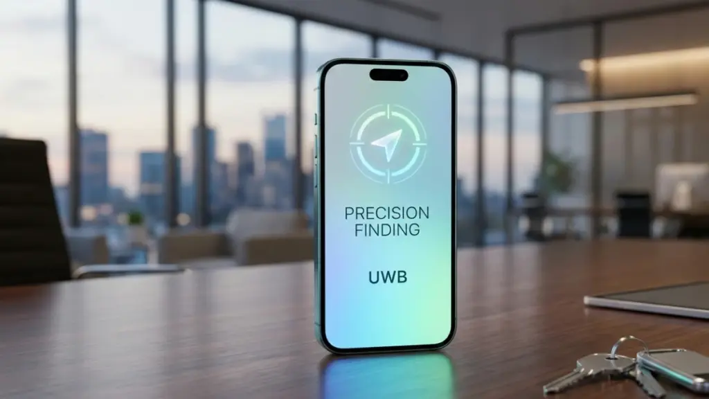 Smartphone using UWB precision finding to locate keys in a modern office.