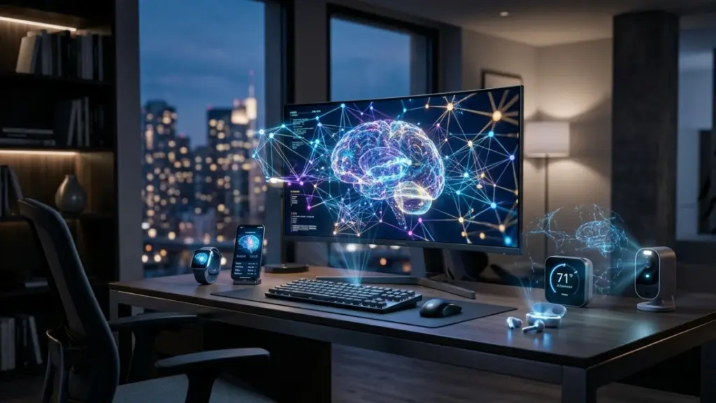 AI-Powered Devices Guide: Smart Tech That Works in 2026 AI powered devices ecosystem including phone watch earbuds and smart home gadgets on desk
