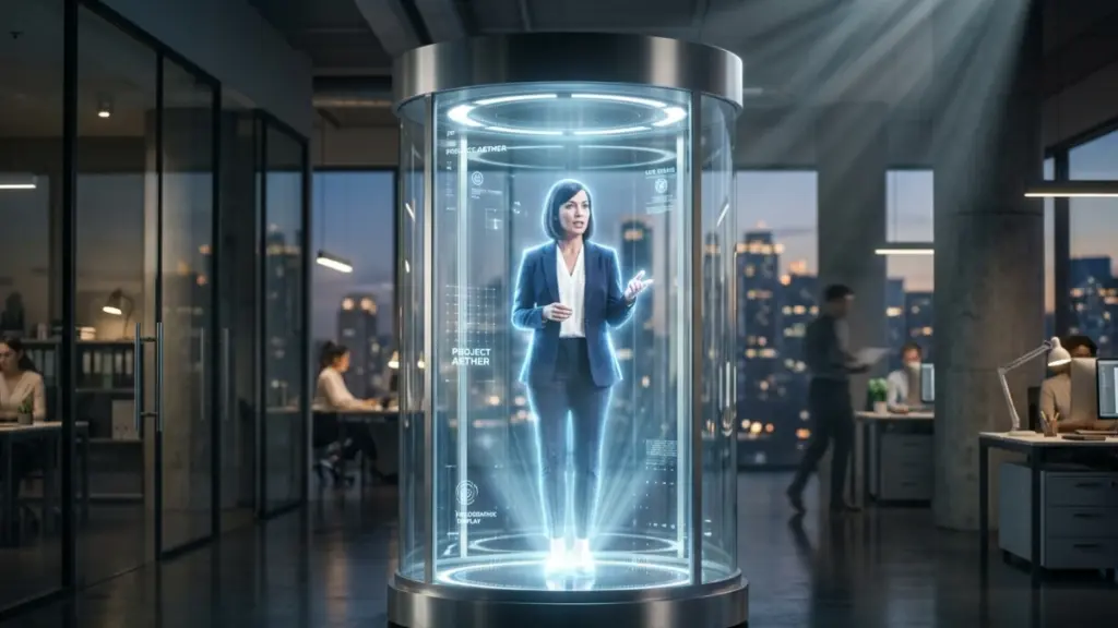 Human-sized hologram box displaying a realistic 3D person in office