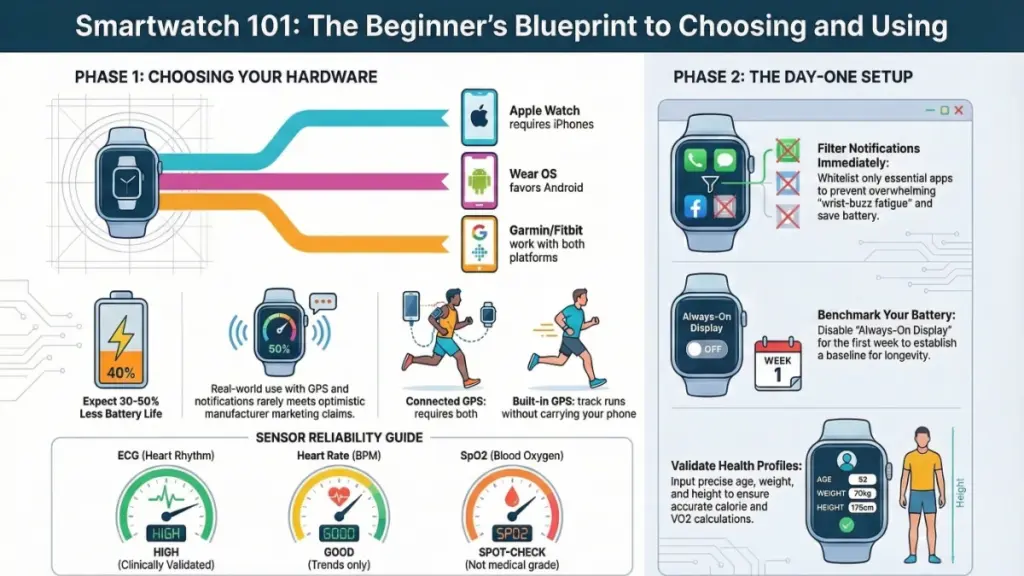 Beginner using a smartwatch with health tracking features