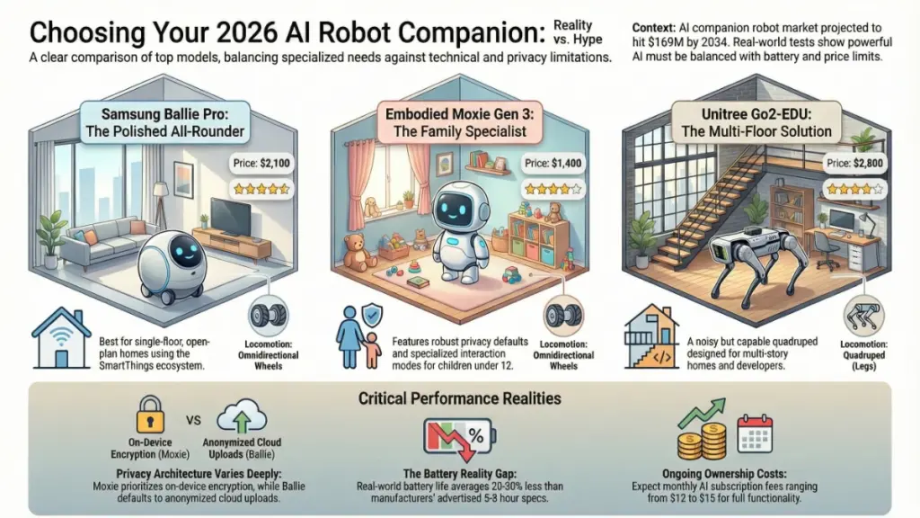 Family interacting with intelligent home robot assistant