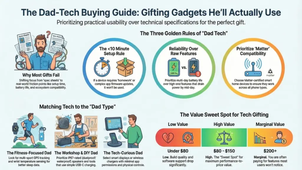 smartwatch headphones and smart home devices arranged as technology gift ideas for dad 2025