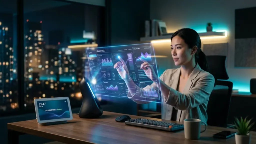AI Assistant Devices Compared: What’s Worth It? AI smart display helping with daily tasks in modern home office