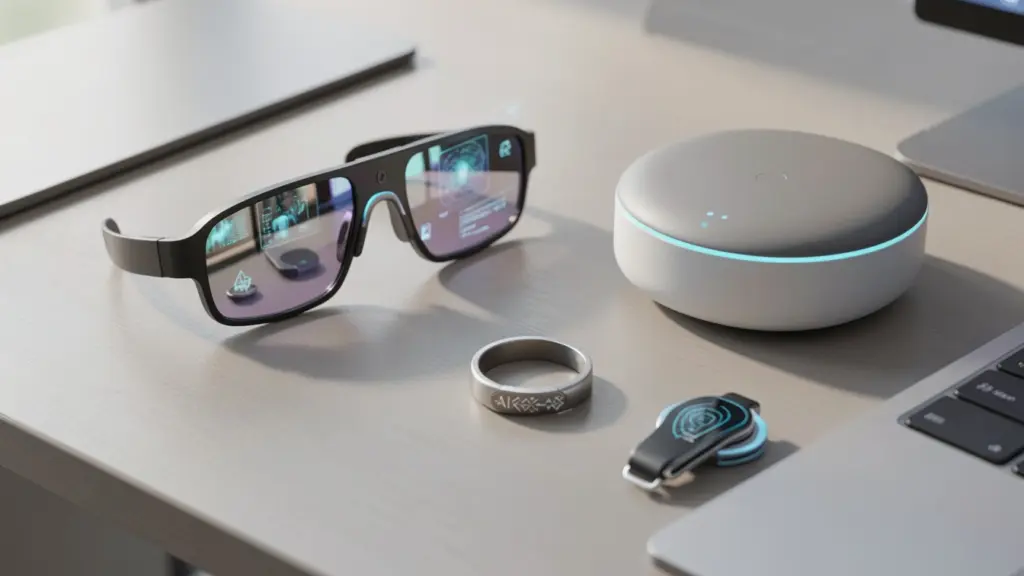 Coolest AI Gadgets of 2026 Worth Your Money AI gadgets including smart glasses, smart ring and AI pin on desk
