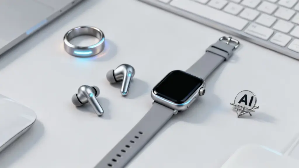 AI wearable devices including smart ring smartwatch earbuds and AI pin on desk