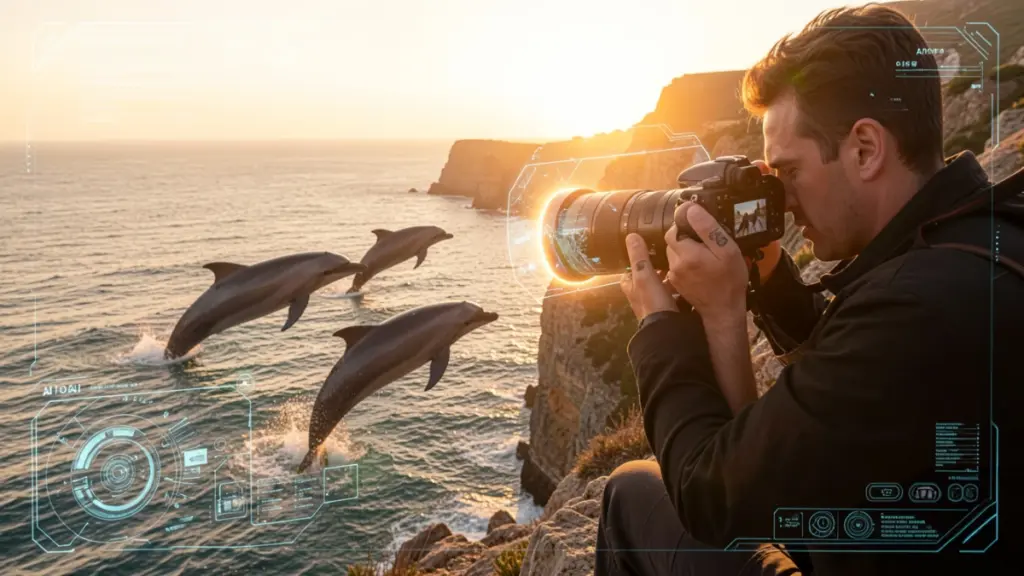 AI Photography Gadgets That Actually Work in 2026 AI mirrorless camera tracking dolphins at sunset