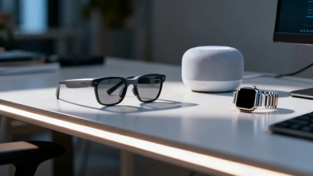 AI smart glasses, smartwatch and smart speaker on desk