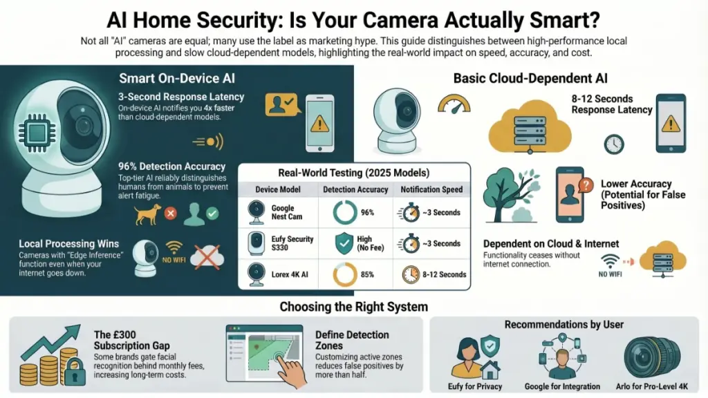 Smart home dashboard showing security alerts and connected devices