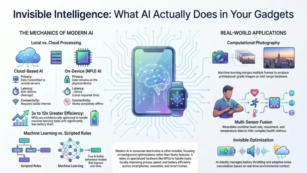 Smart home devices connected with glowing AI network